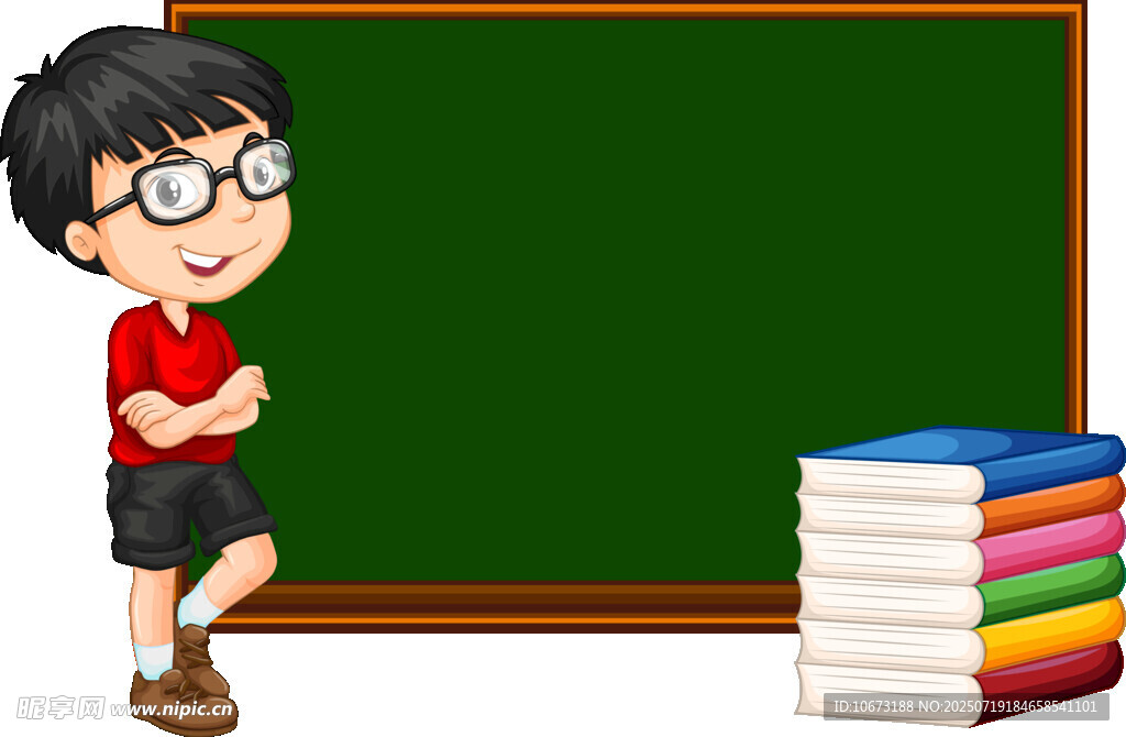 男孩與黑板旁的彩色書籍