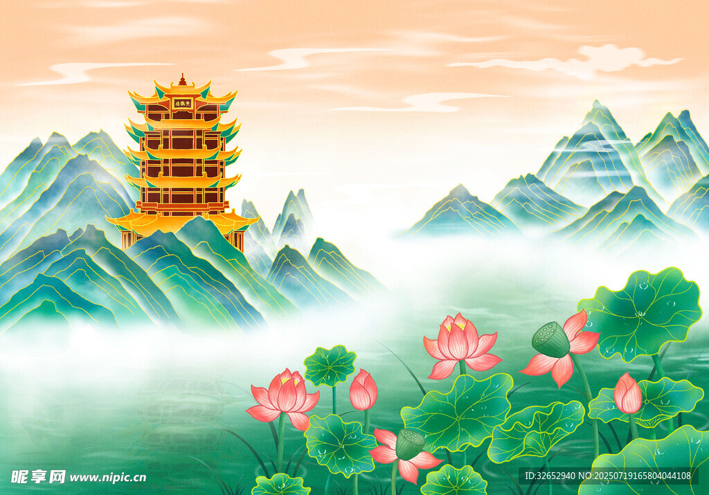 山水間的古塔與荷花美景