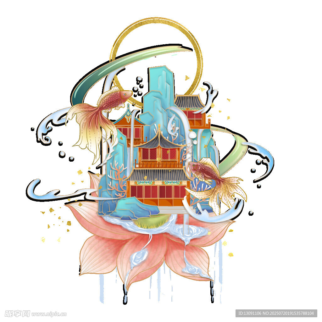中式奇幻蓮花寶塔插畫