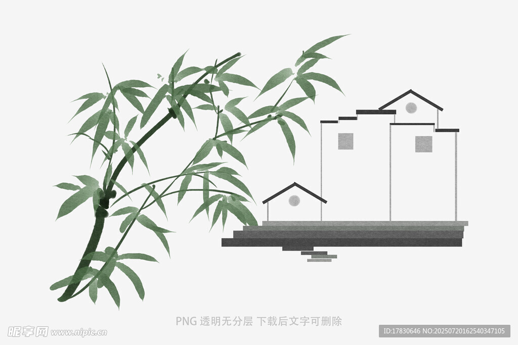 水墨風(fēng)竹枝與中式建筑