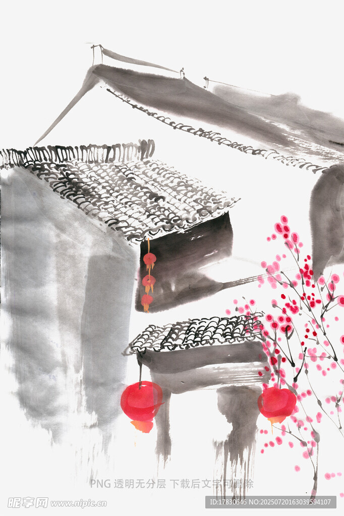 水墨風(fēng)中式建筑與紅燈籠