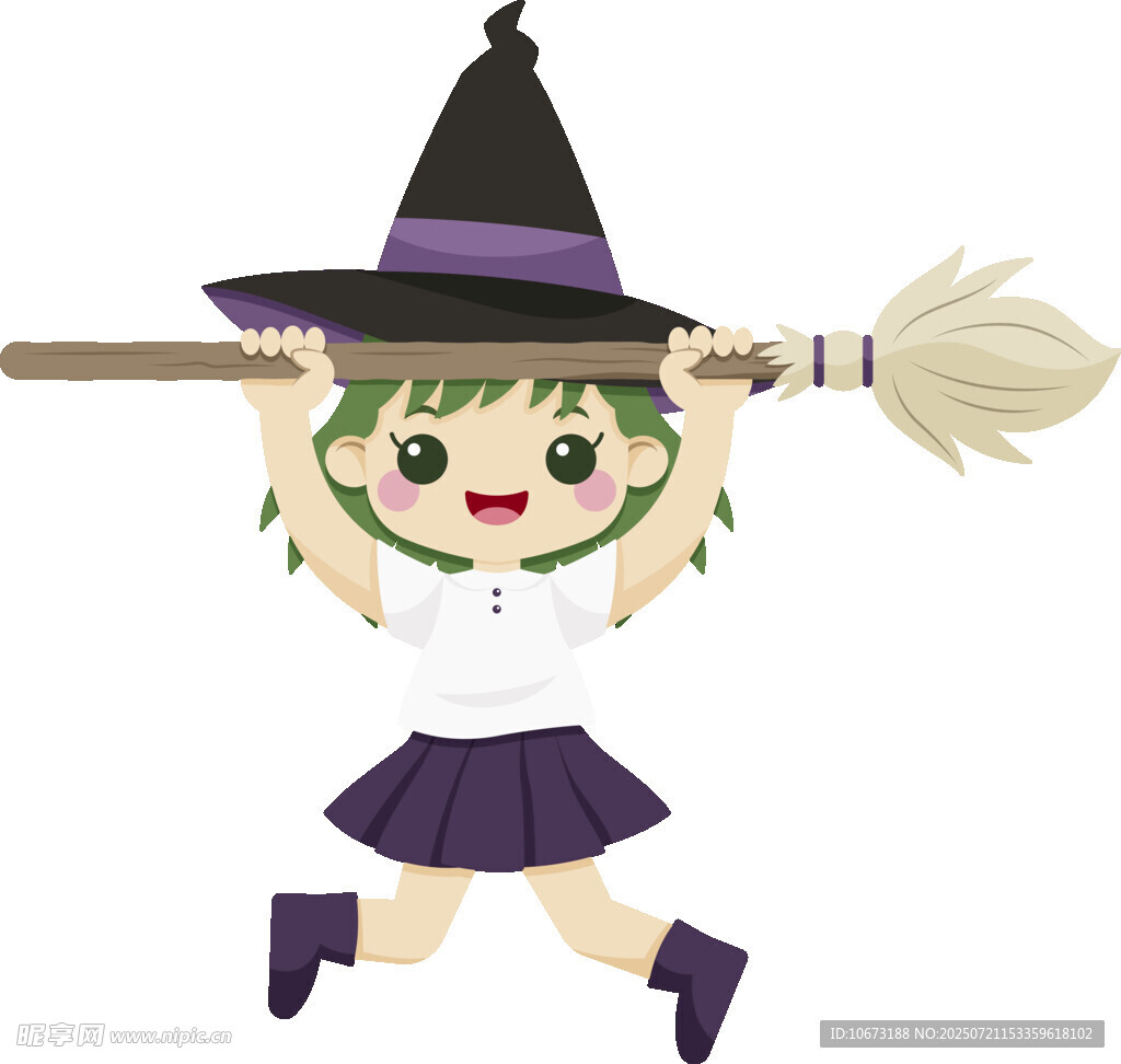 可愛女巫少女揮舞掃帚