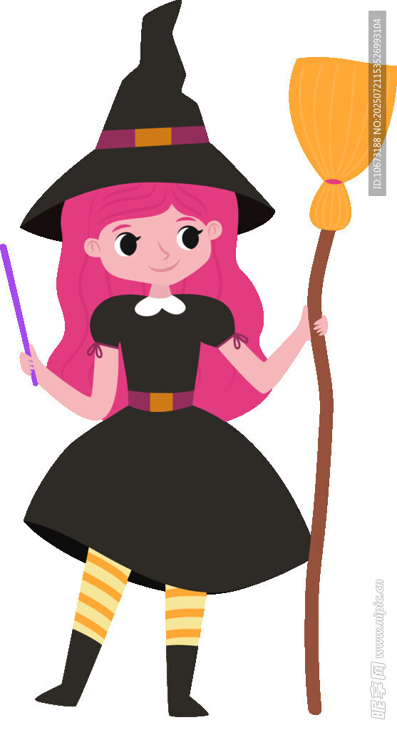 可愛小女巫手持掃帚魔杖