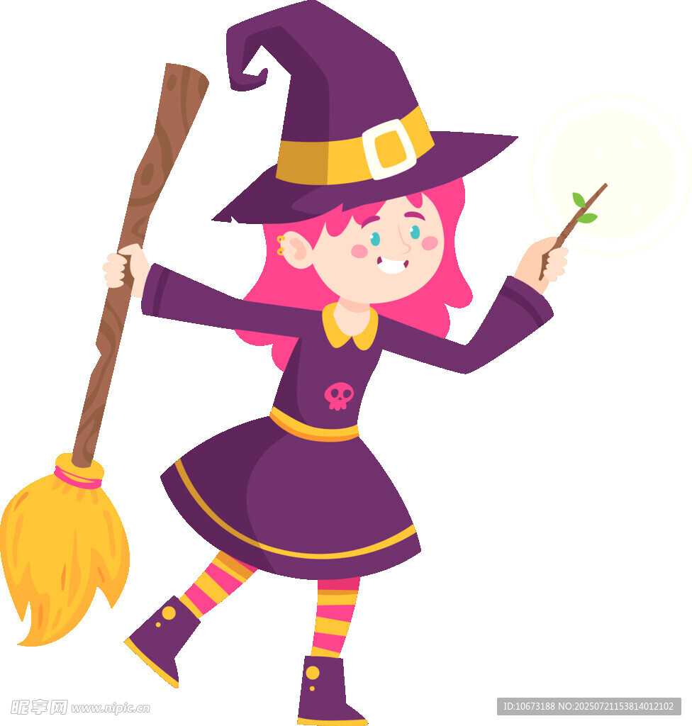 可愛小女巫手持魔杖掃帚