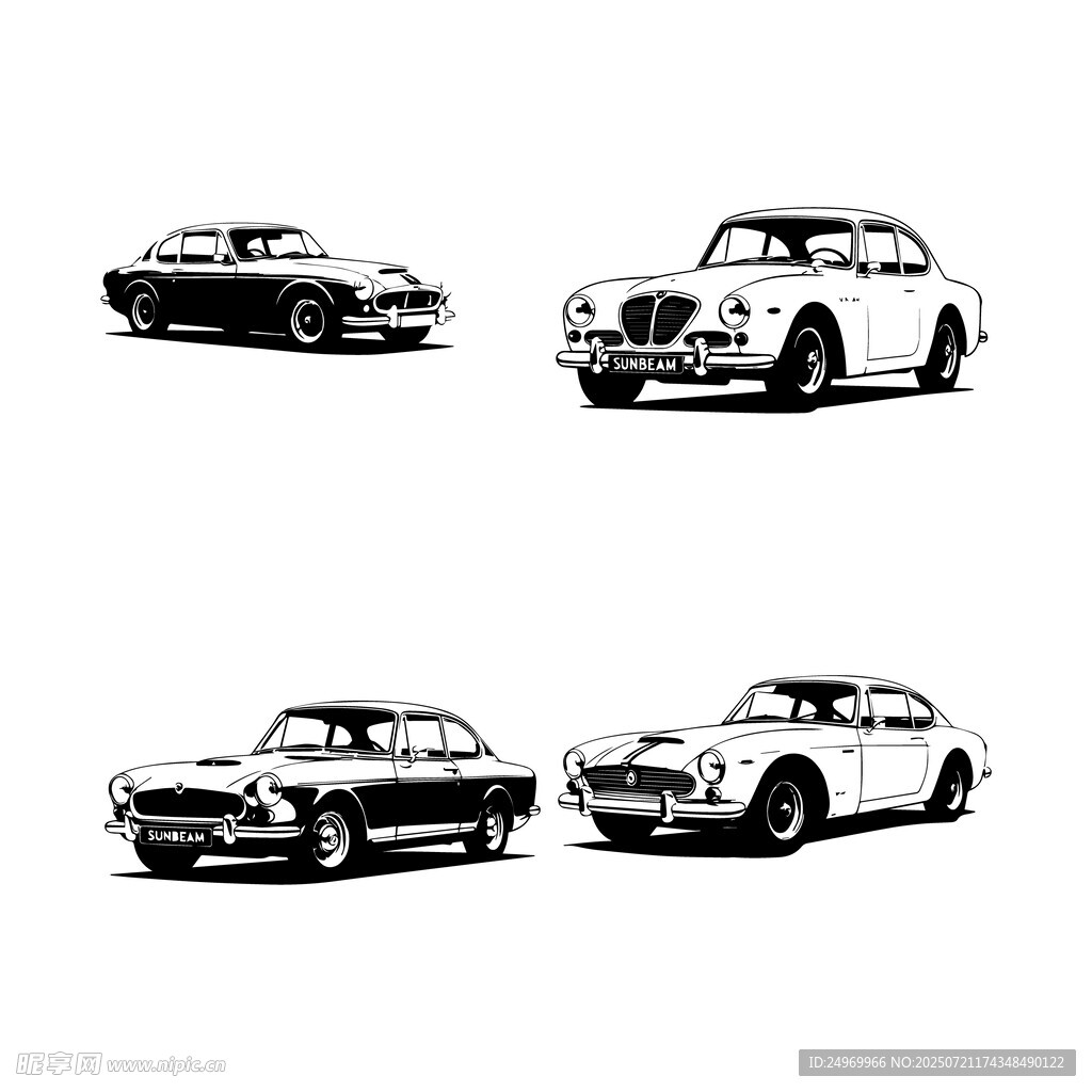 復(fù)古汽車黑白插畫集合