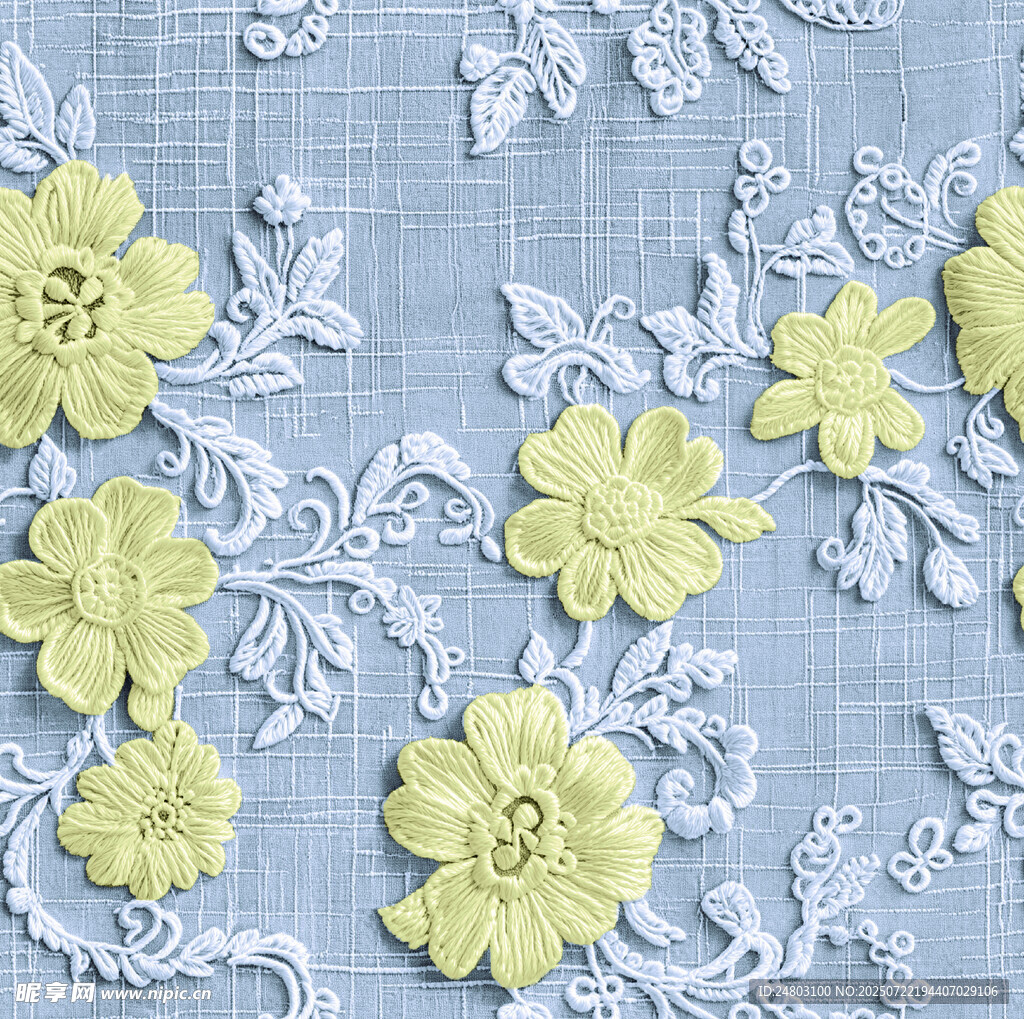淺藍(lán)色底黃色花朵刺繡布料