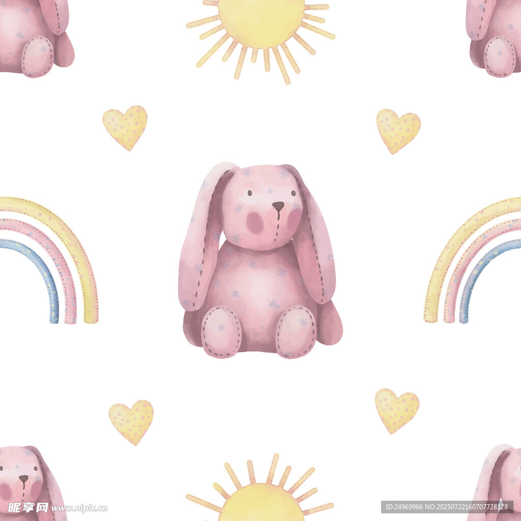 粉色小兔與彩虹太陽圖案