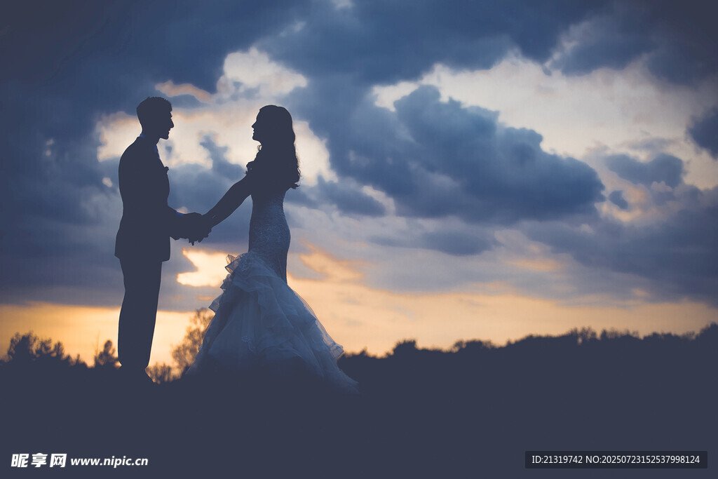 夕陽(yáng)下的浪漫新婚夫婦