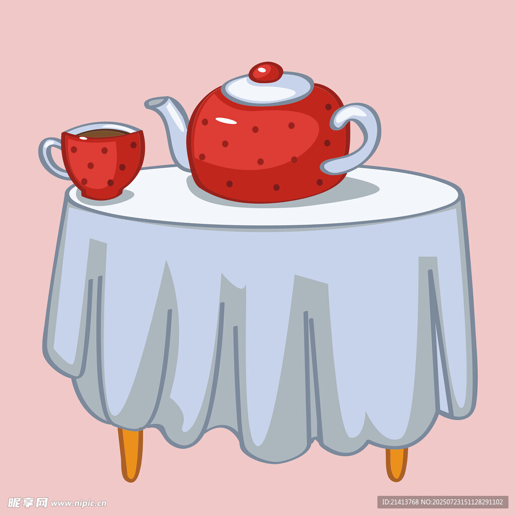 紅色茶壺茶杯與桌布插畫