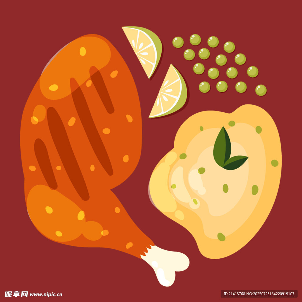 烤雞腿配土豆美食插畫