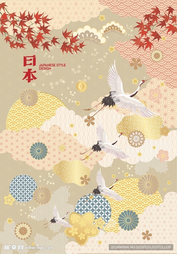 日式和風(fēng)仙鶴花卉插畫