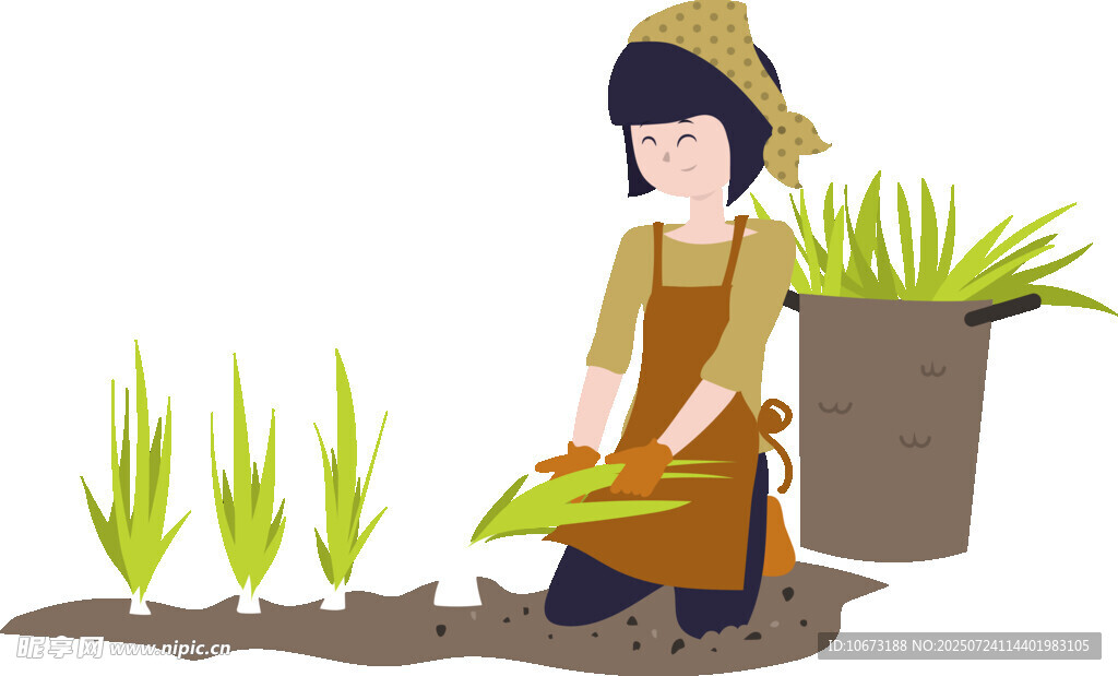 女孩田間專注種植幼苗