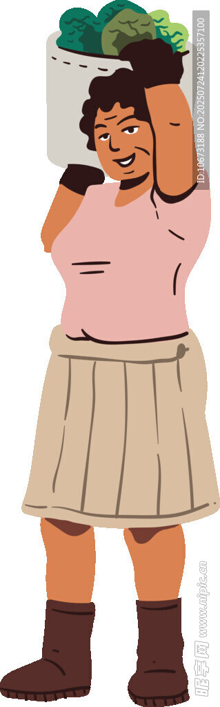 女子頭頂蔬菜籃勞作畫面