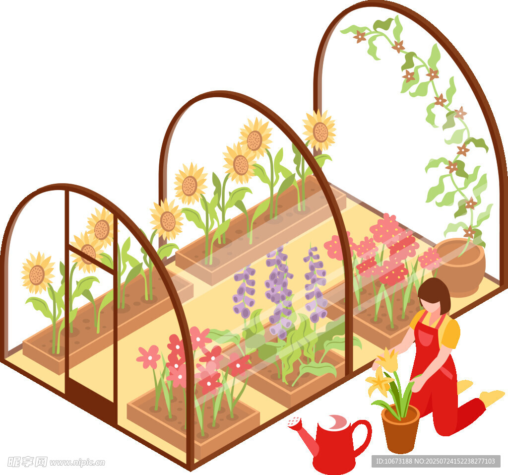 女孩在溫室花園中澆水