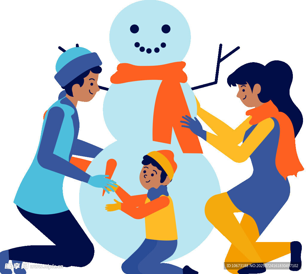 一家人歡樂堆雪人場景