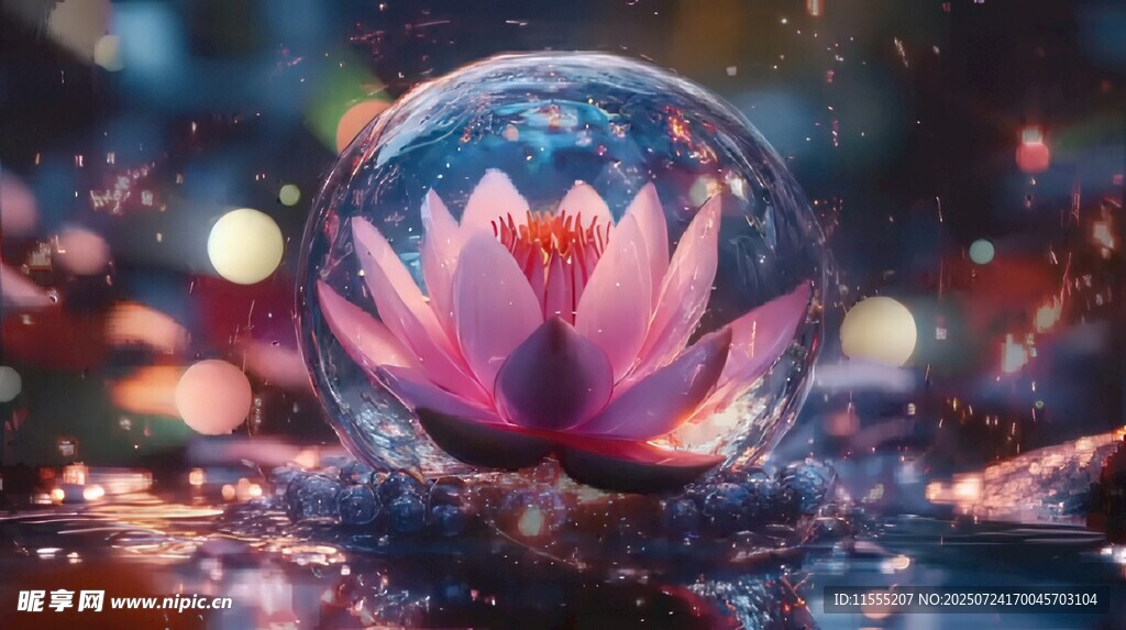 夢(mèng)幻蓮花綻于晶瑩氣泡中