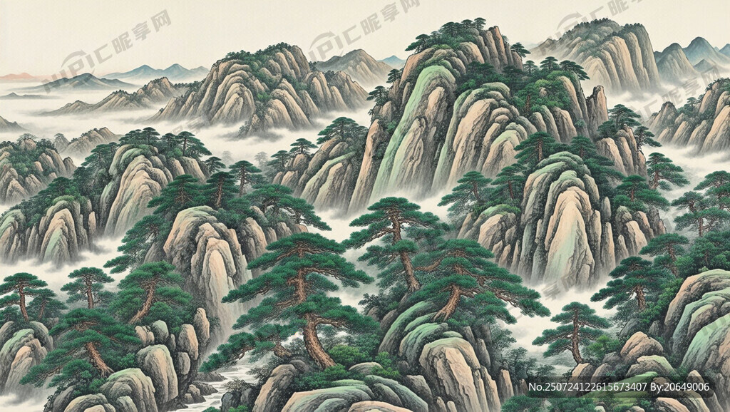 國畫 古松 山石 橫幅 山崗