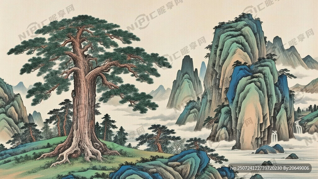 國(guó)畫(huà) 1棵大古松 2塊大山石