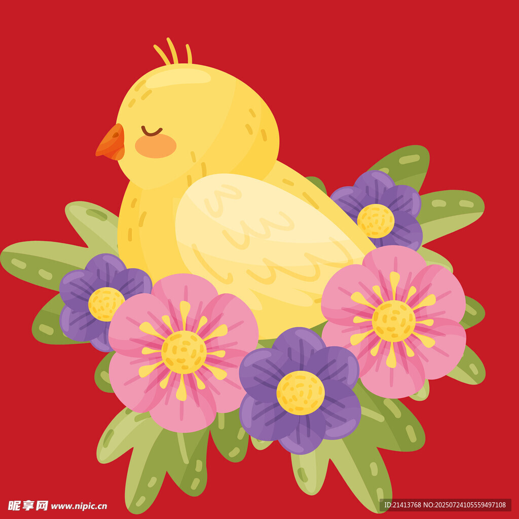 小雞臥于花叢中