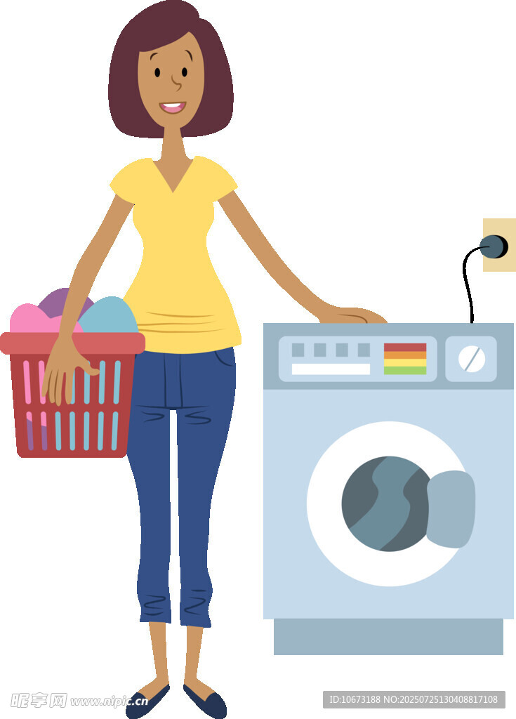 女子手持洗衣籃站在洗衣機(jī)旁