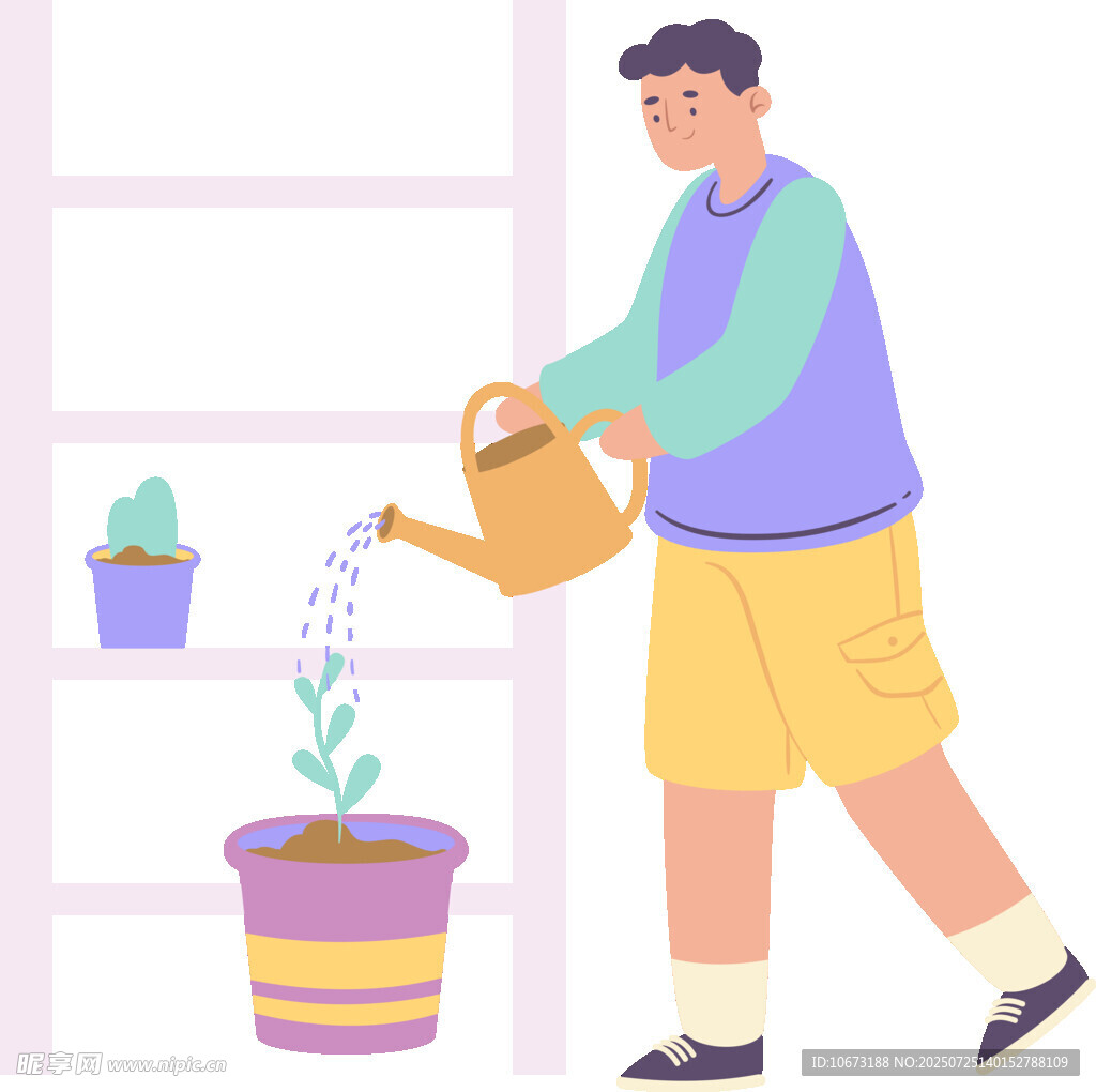 男子給盆栽澆水的溫馨場景