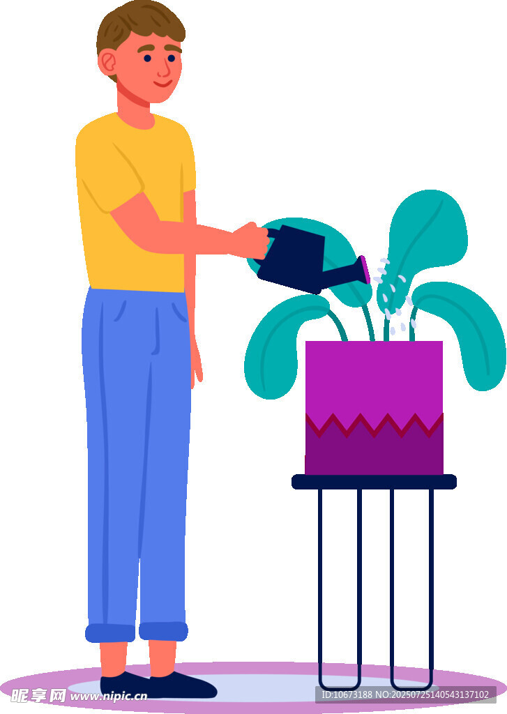 男子給盆栽植物澆水
