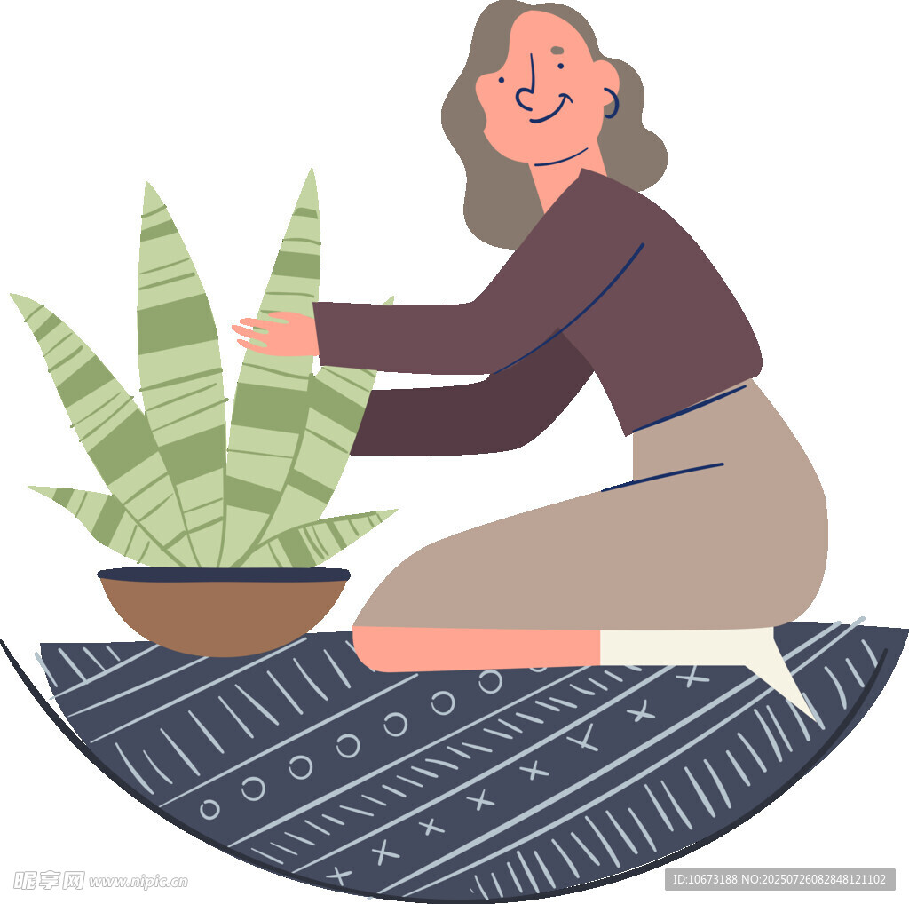 女子親昵撫摸盆栽綠植