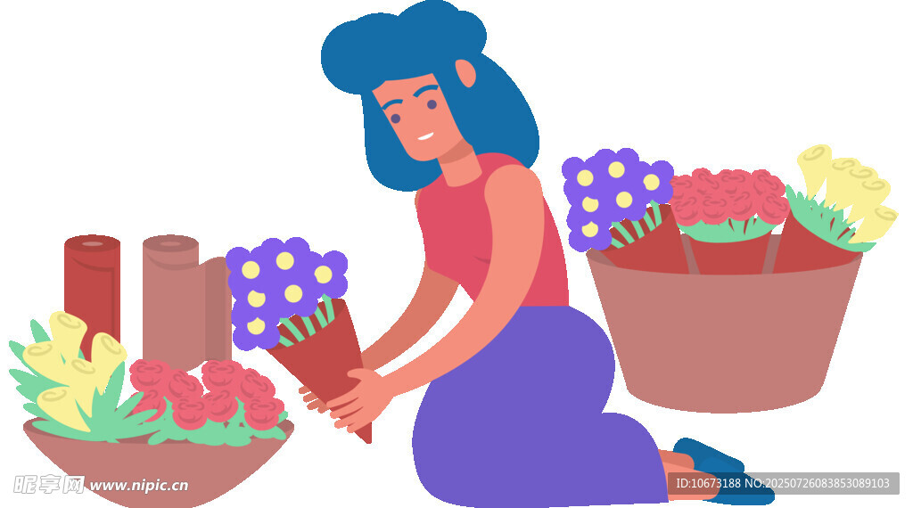 女子俯身打理繽紛花卉