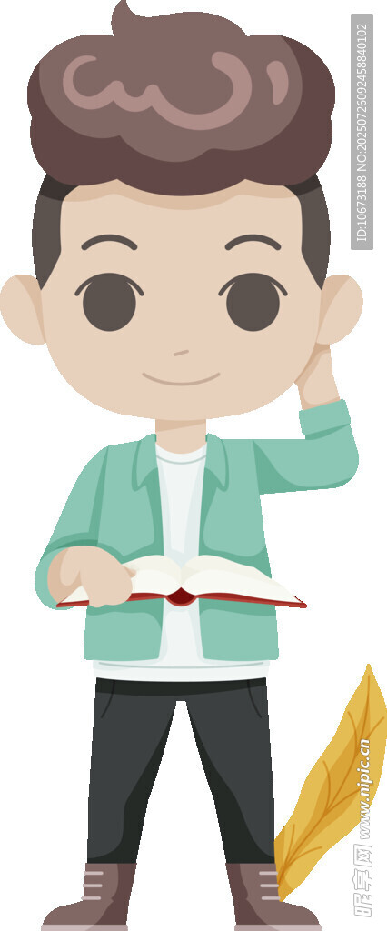 帥氣男孩手持書本與金羽毛