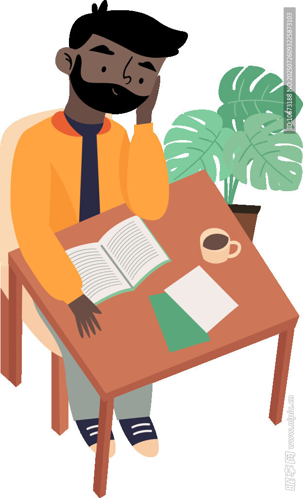 男子桌邊專注閱讀寫作