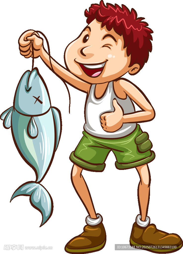 男孩開心展示釣到的大魚