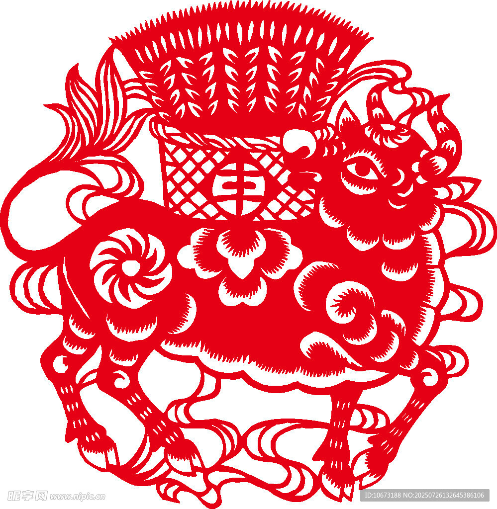 剪紙麒麟馱花籃