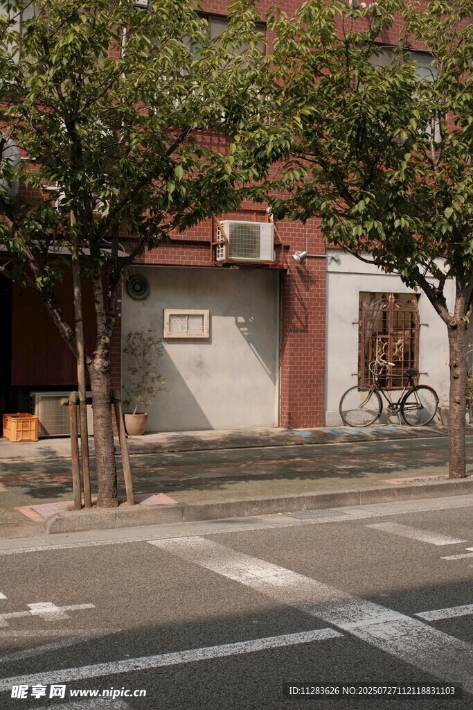 街邊靜謐的建筑與綠樹