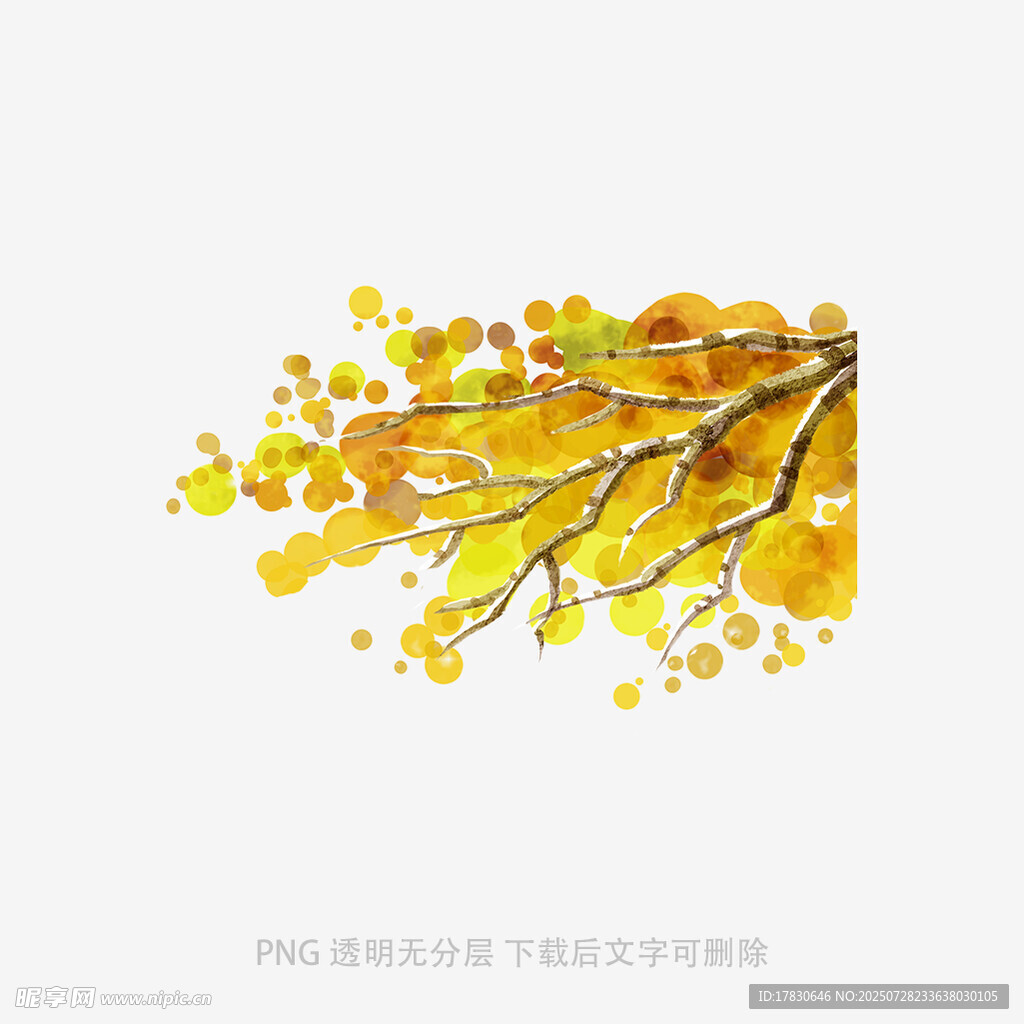 金黃秋葉樹枝水彩畫