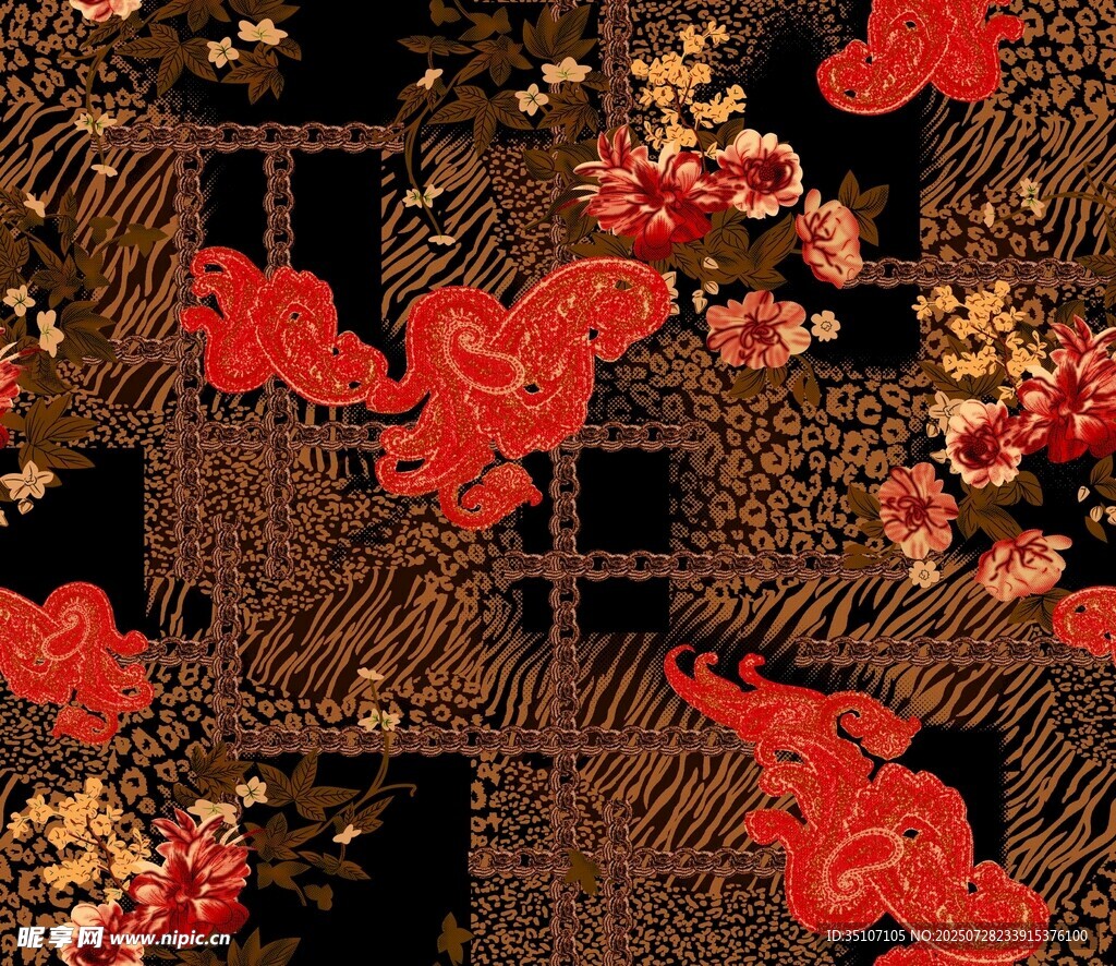 中式復(fù)古花卉幾何圖案面料