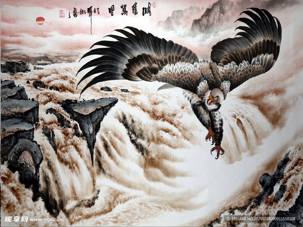 雄鷹展翅于山水間
