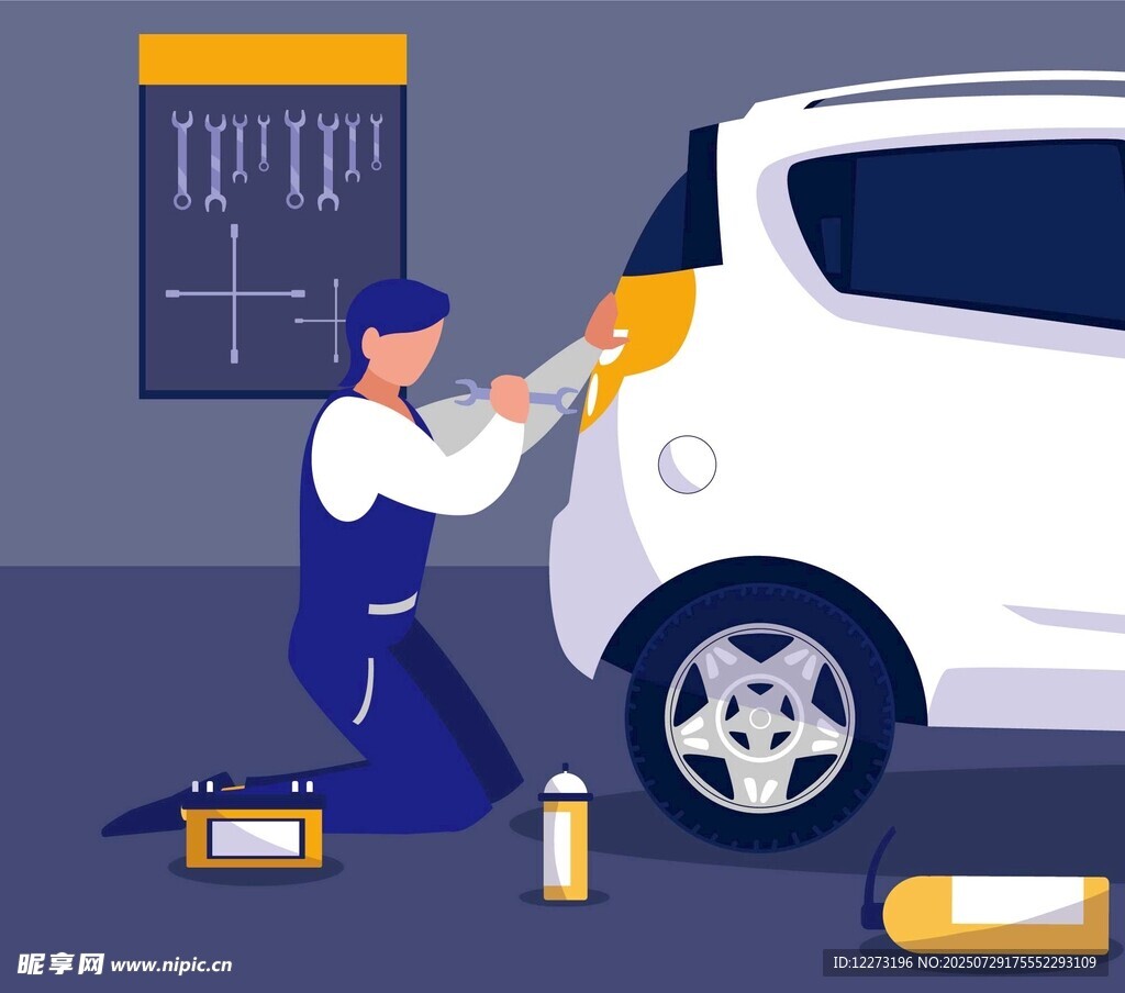 工人專注修補(bǔ)白色汽車