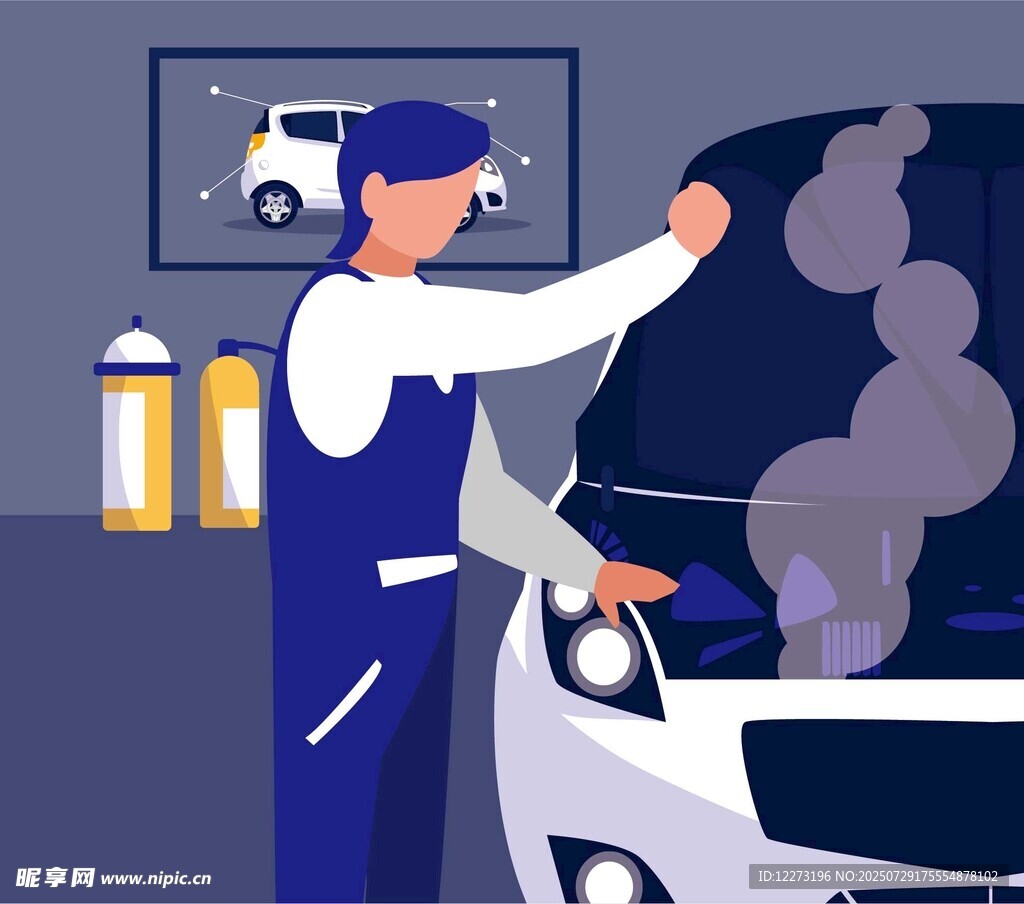 汽修工人檢修冒濃煙汽車