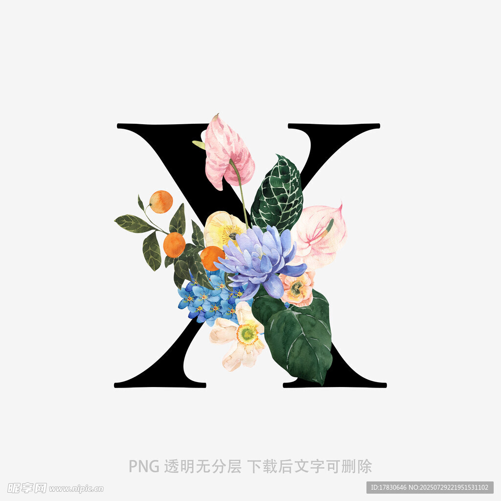 花卉裝飾的字母X