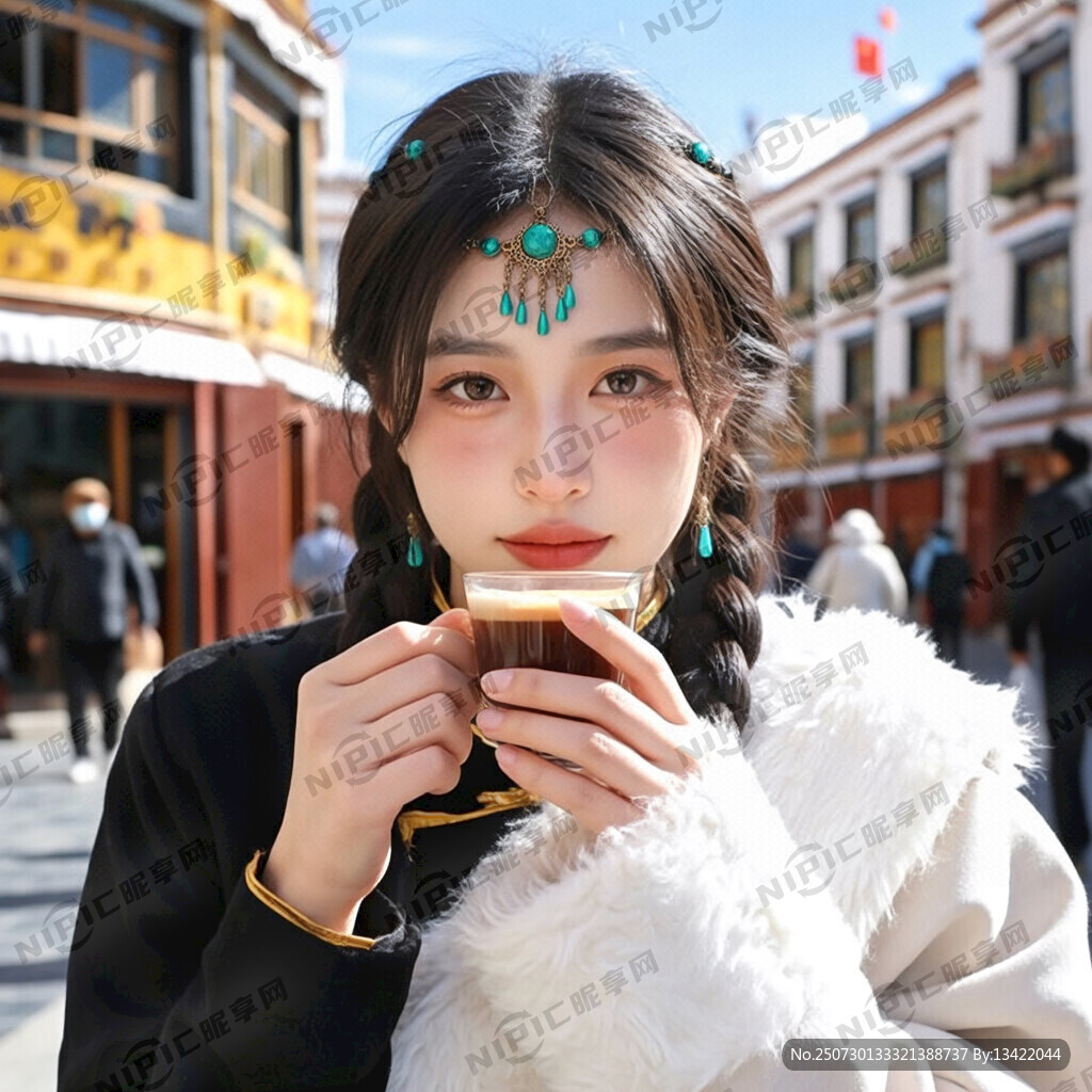 清晰脫俗的西藏美女在喝甜茶