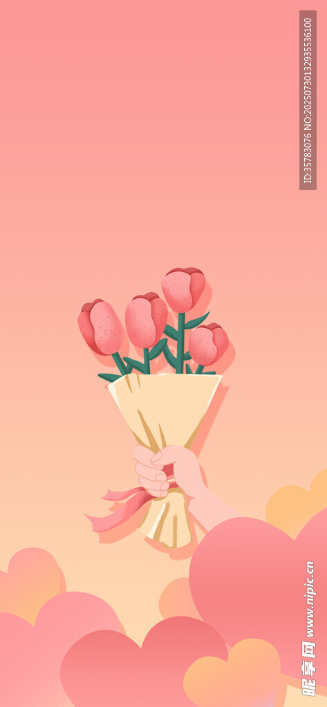 粉色浪漫花束與愛心背景