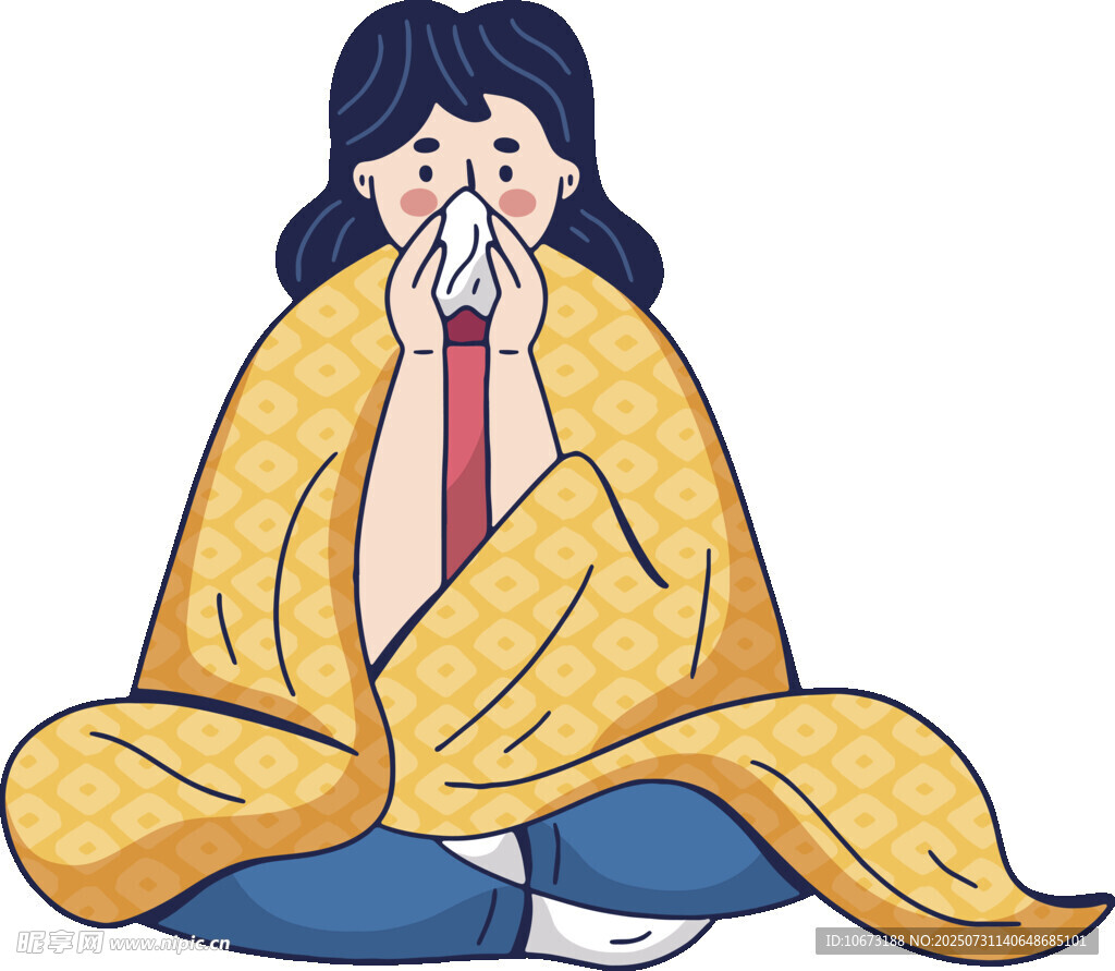 裹毯子擤鼻涕的生病女孩
