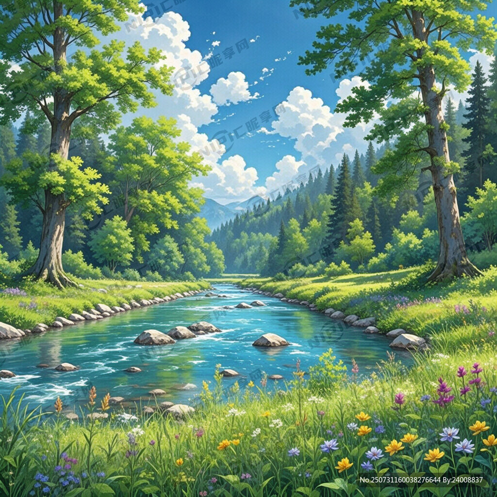清澈藍色河流 大樹 茂密森林 
