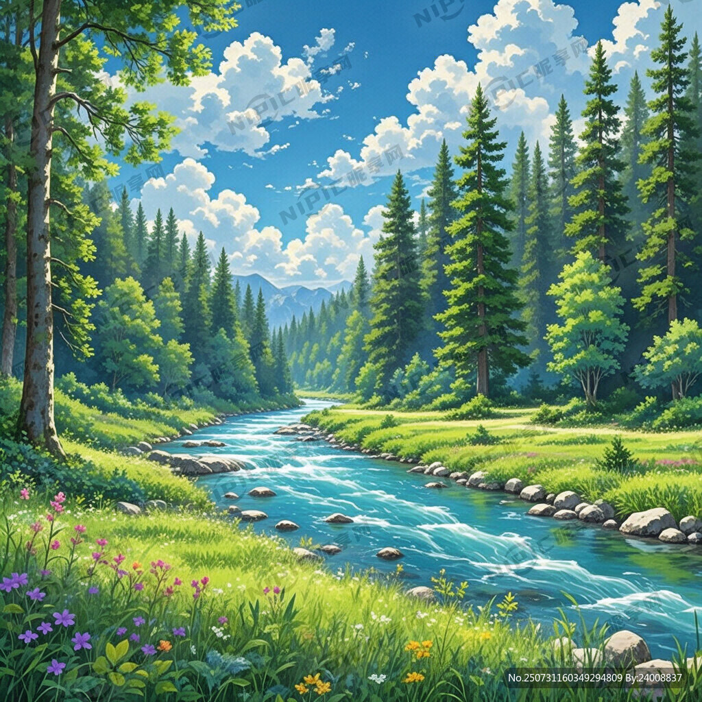清澈藍色河流 兩邊    小草