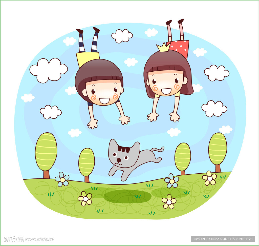 空中嬉戲的孩子與貓咪