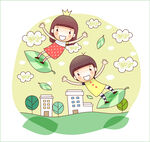 兒童乘葉飛翔的夢幻場景