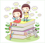 孩子在書堆上快樂閱讀