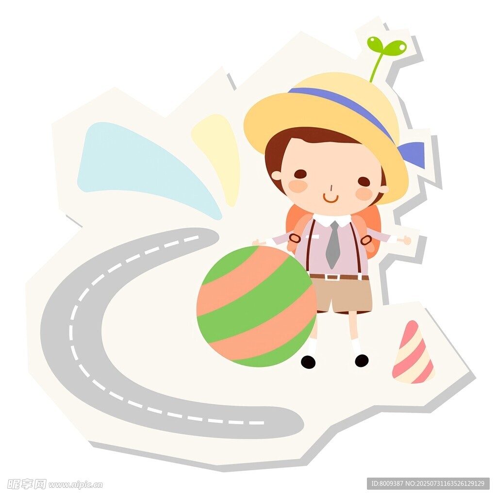 男孩攜球走在多彩道路上