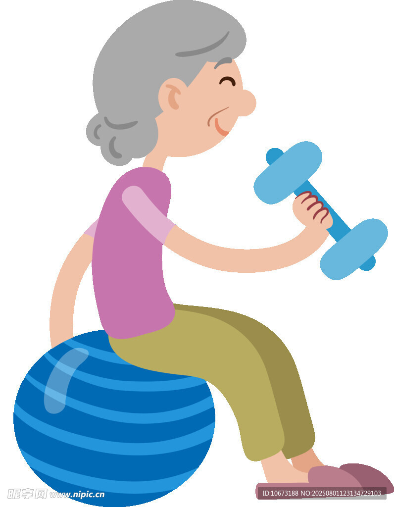 老年女性坐健身球舉啞鈴