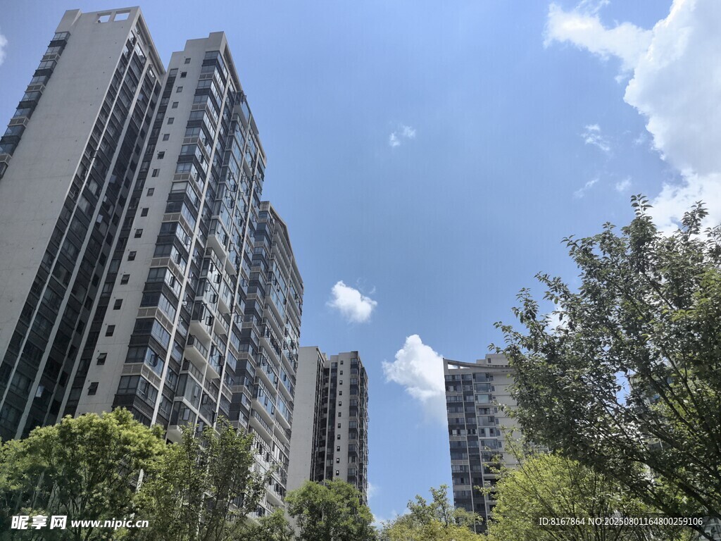 高層住宅樓與綠樹藍天